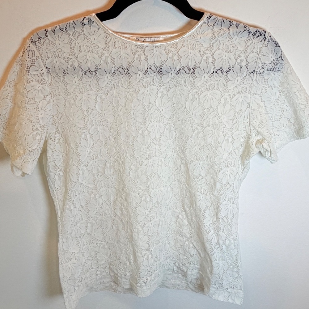 Vintage Rafaella Floral Lace Short Sleeve Top Ivory Cream Small USA Made